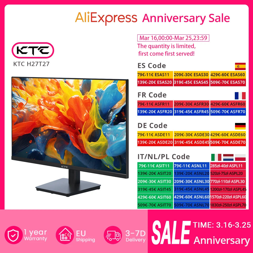 KTC H27T27 27inch QHD 100HZ-120Hz Gaming Monitor 2560x1440 IPS Fast Panel Screen 16:9 ELED 1ms GTG Response Time 99% sRGB HDR10
