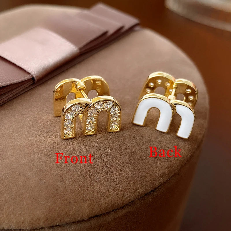 Letter M-shape Double-sided Zircon Hoop Earrings for Women Oil Dripping Ear Buckles French Design High-end  Luxury Jewelry M