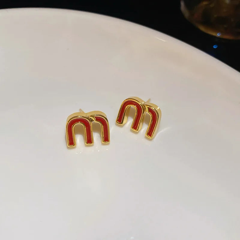 Letter M-shape Double-sided Zircon Hoop Earrings for Women Oil Dripping Ear Buckles French Design High-end  Luxury Jewelry M