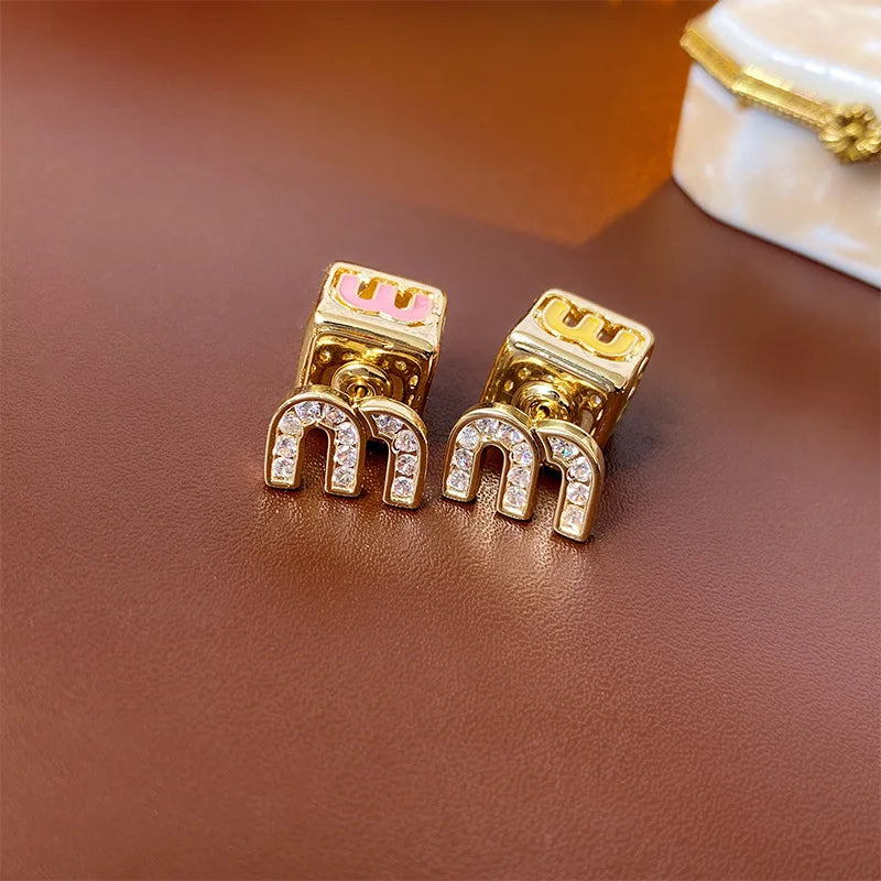 Letter M-shape Double-sided Zircon Hoop Earrings for Women Oil Dripping Ear Buckles French Design High-end  Luxury Jewelry M