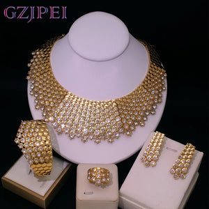 GZJPEI Shiny White Zircon Jewelry Set Italy Nigeria Wedding Jewellery 18K Gold Plated Big Necklace Bracelet Long Drop Earring