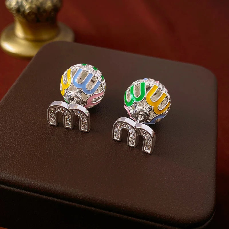 Letter M-shape Double-sided Zircon Hoop Earrings for Women Oil Dripping Ear Buckles French Design High-end  Luxury Jewelry M