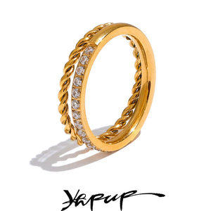 Yhpup Delicate Cubic Zirconia Double Round Chain Golden Ring for Women Waterproof Daily Cheap Jewelry Bijoux