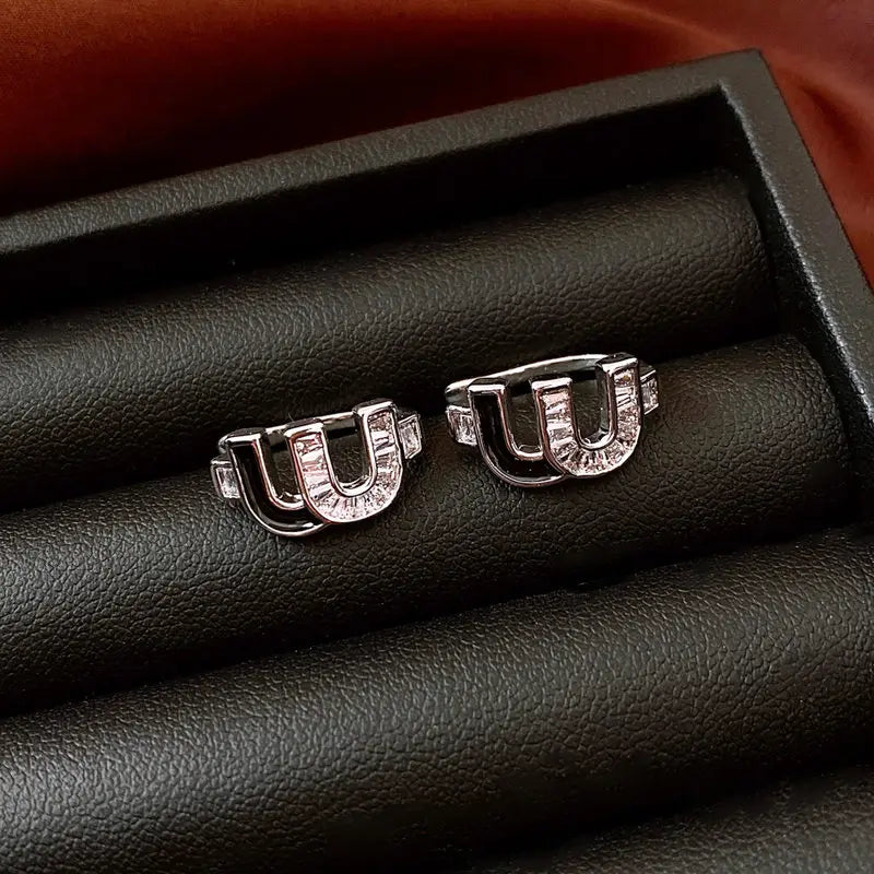 Letter M-shape Double-sided Zircon Hoop Earrings for Women Oil Dripping Ear Buckles French Design High-end  Luxury Jewelry M