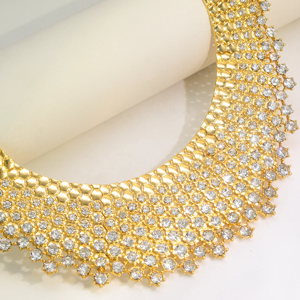 GZJPEI Shiny White Zircon Jewelry Set Italy Nigeria Wedding Jewellery 18K Gold Plated Big Necklace Bracelet Long Drop Earring