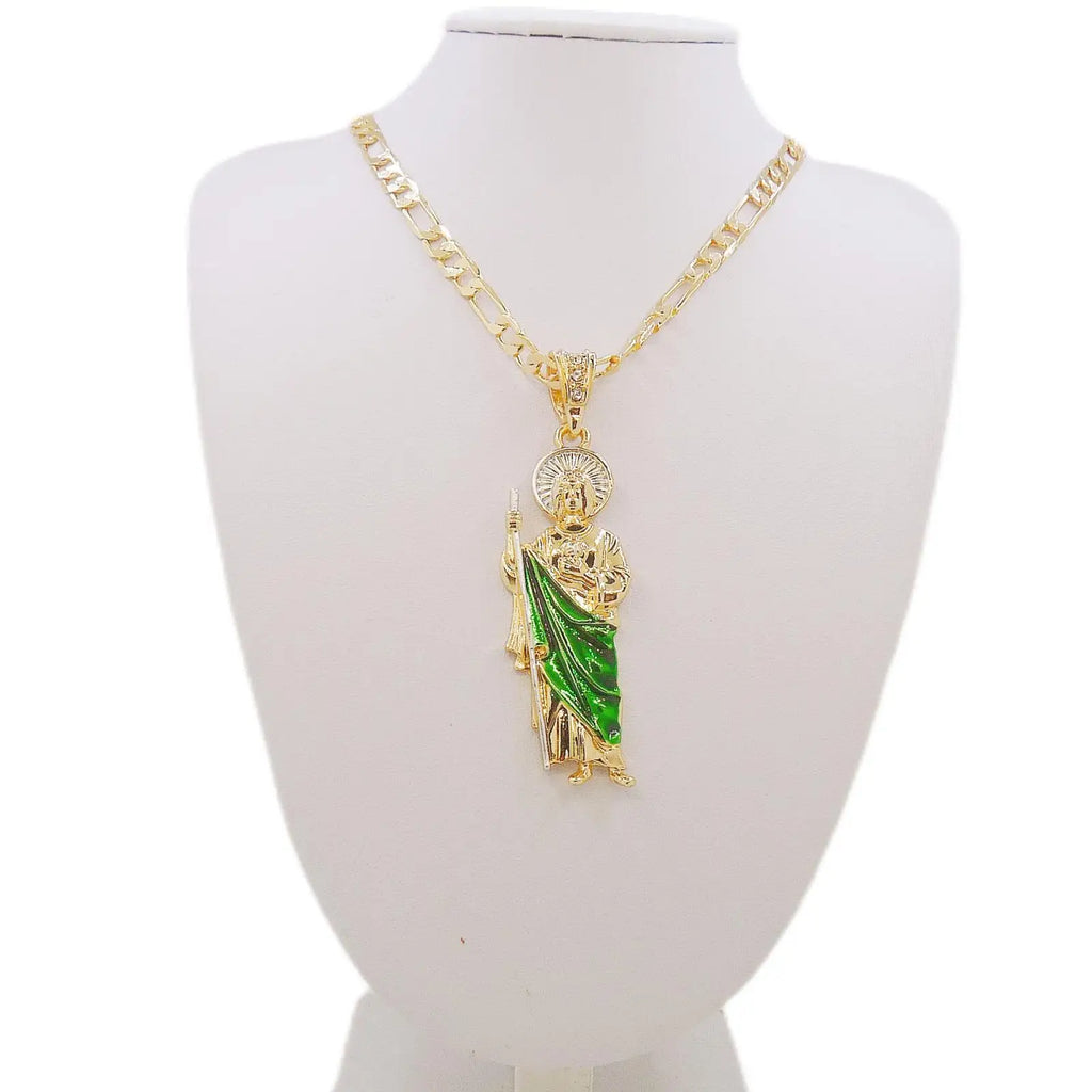 Saint Jude Necklace 14K Gold Plated San Judas Pendant Figaro Chain