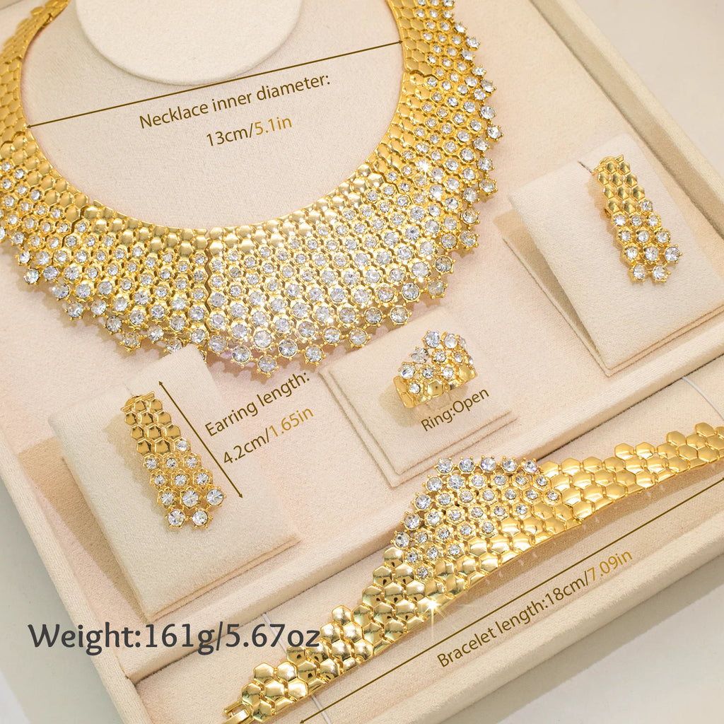 GZJPEI Shiny White Zircon Jewelry Set Italy Nigeria Wedding Jewellery 18K Gold Plated Big Necklace Bracelet Long Drop Earring