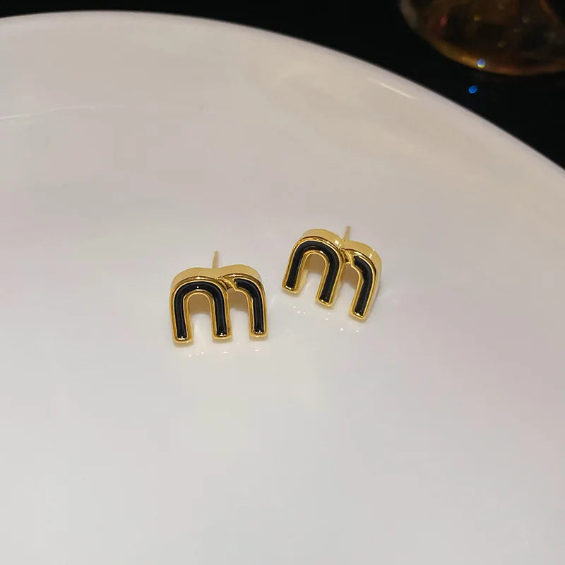 Letter M-shape Double-sided Zircon Hoop Earrings for Women Oil Dripping Ear Buckles French Design High-end  Luxury Jewelry M