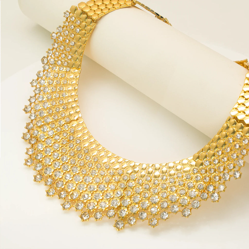 GZJPEI Shiny White Zircon Jewelry Set Italy Nigeria Wedding Jewellery 18K Gold Plated Big Necklace Bracelet Long Drop Earring