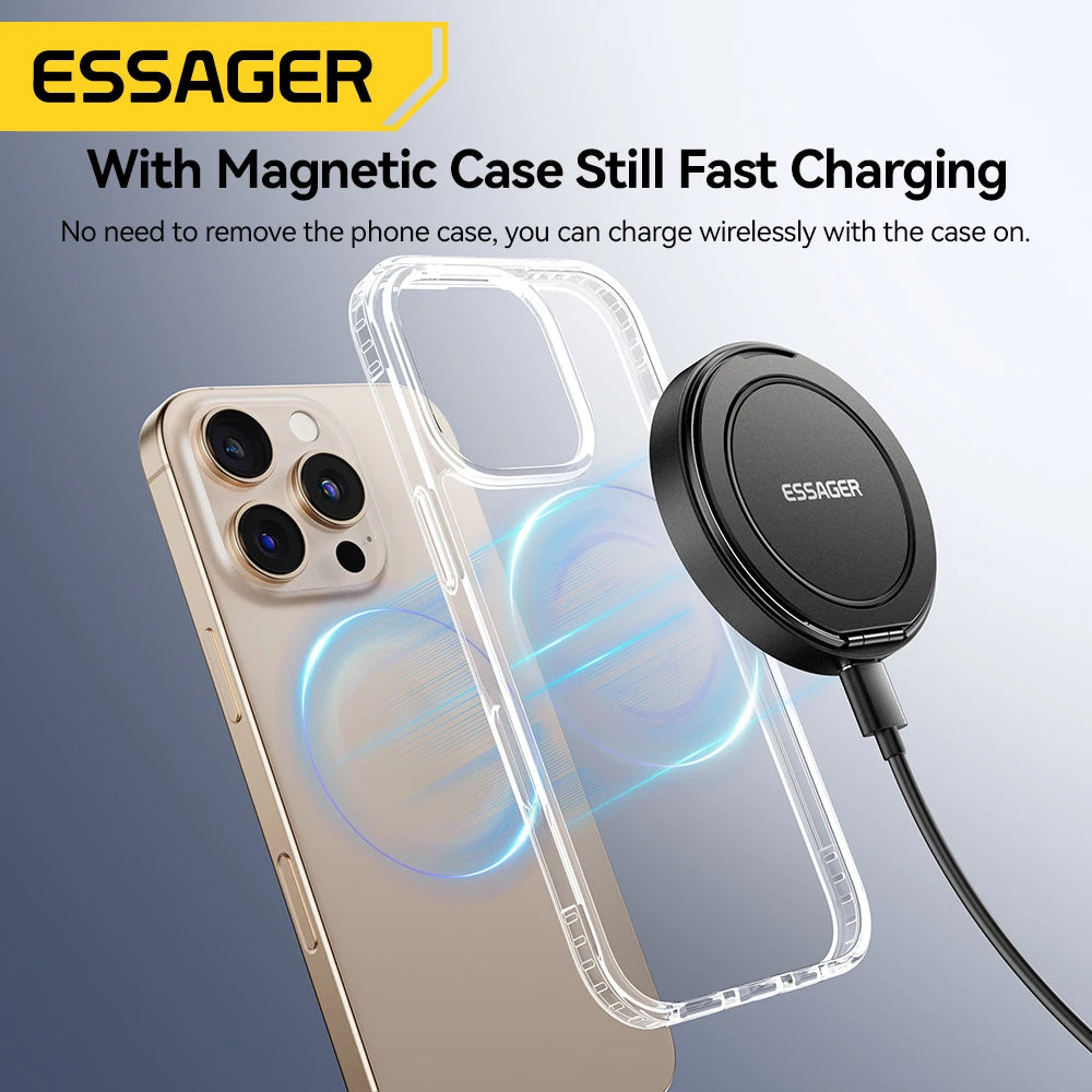 Essager Magnetic Wireless Charger With Holder 15W Fast Charging For iPhone17 16 15 14Pro Max Airpods Mini Wireless Phone Charger