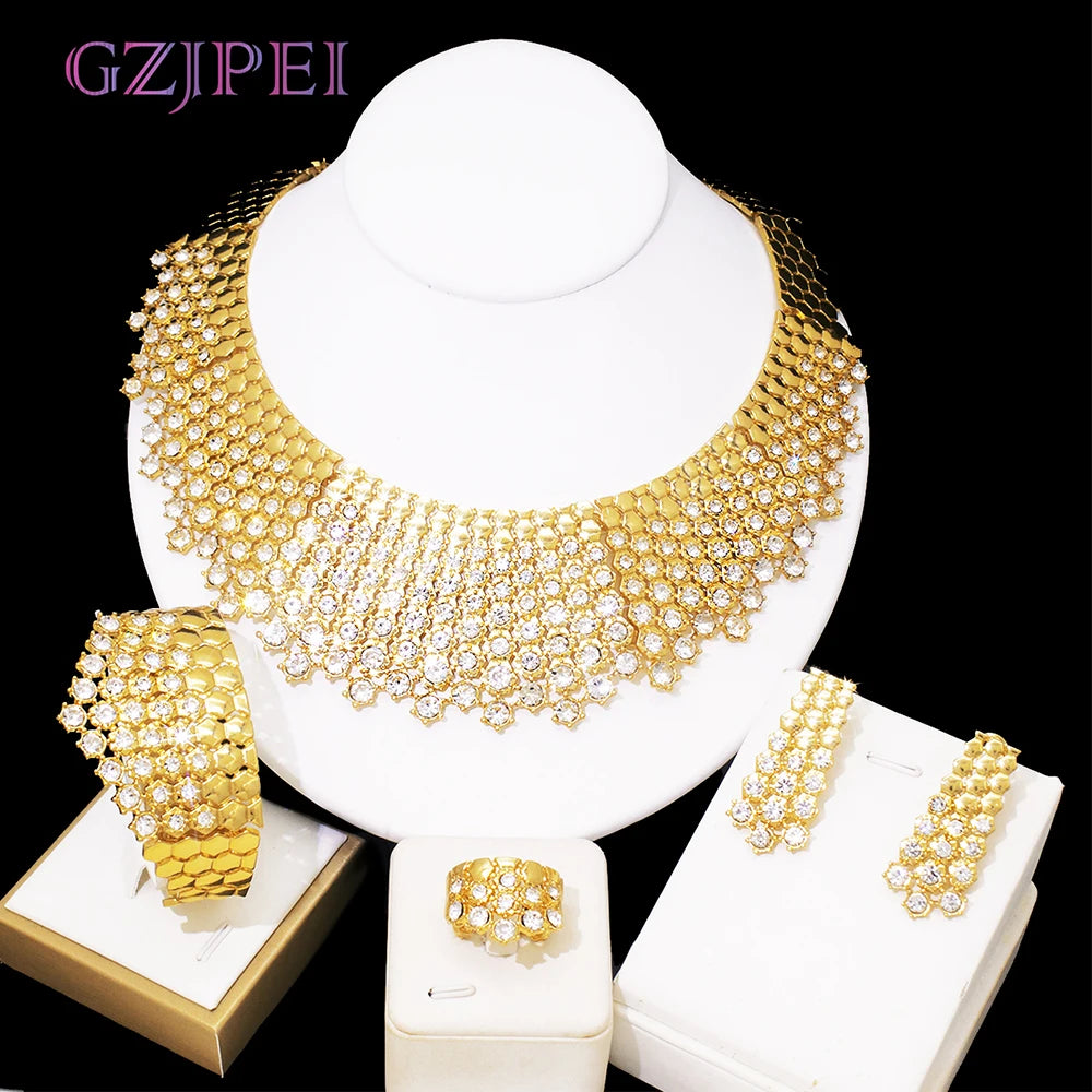 GZJPEI Shiny White Zircon Jewelry Set Italy Nigeria Wedding Jewellery 18K Gold Plated Big Necklace Bracelet Long Drop Earring